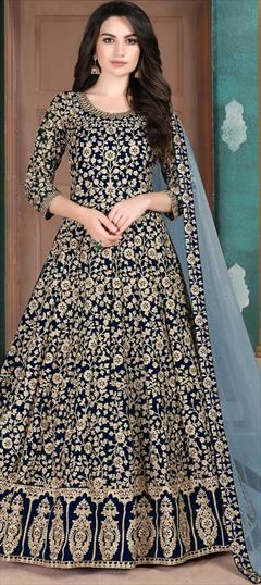 Party Wear, Reception Blue color Salwar Kameez in Faux Georgette fabric with Anarkali Bugle Beads, Embroidered work : 1656692