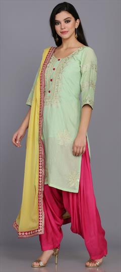 Festive, Party Wear, Reception Green, Pink and Majenta color Salwar Kameez in Chanderi Silk fabric with Patiala Aari, Embroidered, Stone, Thread work : 1657146