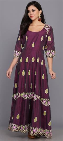 Festive, Party Wear Purple and Violet color Kurti in Chanderi Silk fabric with Anarkali, Long Sleeve Embroidered, Thread work : 1658514