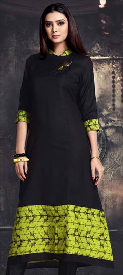 Casual Black and Grey color Kurti in Poly Silk, Rayon fabric with A Line, Long Sleeve Printed work : 1658893
