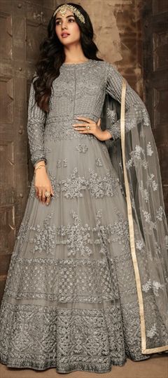 Bollywood, Wedding Black and Grey color Salwar Kameez in Net fabric with Anarkali Embroidered, Thread work : 1660730