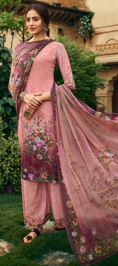 Festive, Party Wear Pink and Majenta color Salwar Kameez in Crepe Silk fabric with Palazzo Digital Print, Thread work : 1661306