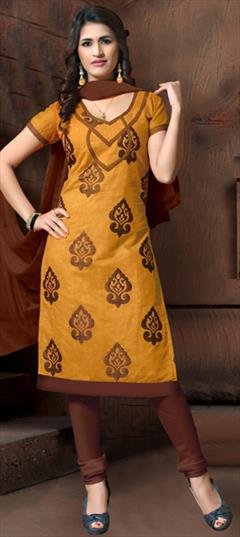 Casual, Party Wear Gold color Salwar Kameez in Art Silk fabric with Churidar Embroidered work : 1666696