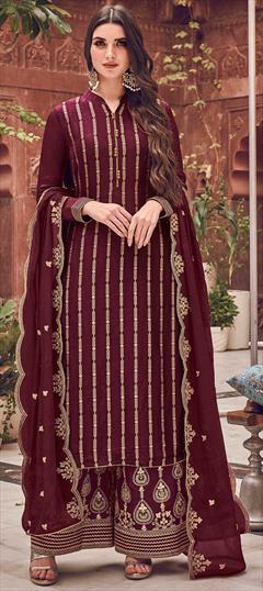 Festive, Wedding Red and Maroon color Salwar Kameez in Dolla Silk, Silk fabric with Palazzo Cut Dana, Zardozi work : 1670238