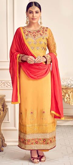 Festive, Reception Yellow color Salwar Kameez in Georgette fabric with Straight Embroidered, Resham, Sequence, Thread work : 1670602