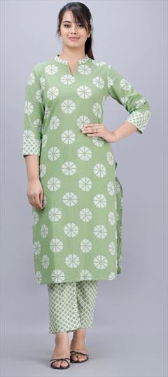 Casual Green color Tunic with Bottom in Cotton fabric with Printed work : 1679199