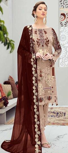 Festive, Party Wear Beige and Brown color Salwar Kameez in Net fabric with Pakistani, Straight Embroidered, Stone, Thread work : 1682209