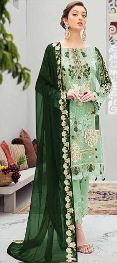 Festive, Party Wear Green color Salwar Kameez in Net fabric with Pakistani, Straight Embroidered, Stone, Thread work : 1682210