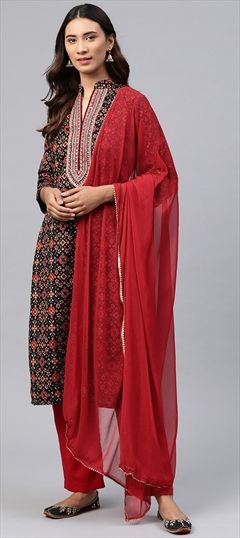 Festive, Party Wear Black and Grey color Salwar Kameez in Cotton fabric with Straight Printed, Sequence, Zari work : 1684295
