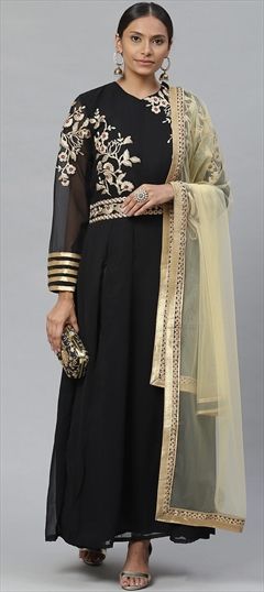 Party Wear Black and Grey color Salwar Kameez in Faux Georgette fabric with Slits Embroidered, Stone, Thread, Zari work : 1685338