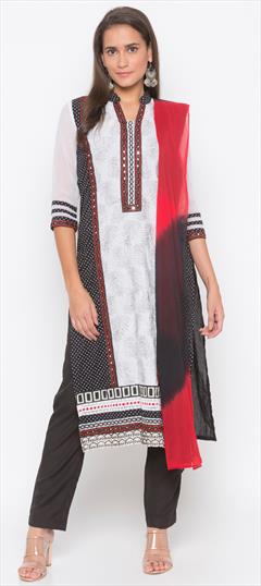 Festive, Party Wear Black and Grey, White and Off White color Salwar Kameez in Cotton fabric with Straight Embroidered, Thread work : 1685808