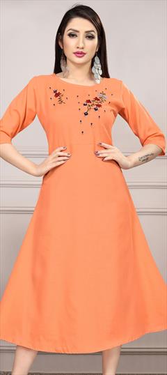 Casual Orange color Kurti in Cotton fabric with Anarkali, Long Sleeve Embroidered, Resham, Thread work : 1689435