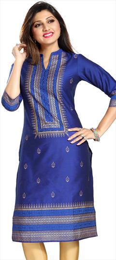 Casual Blue color Kurti in Silk cotton fabric with Long Sleeve, Straight Printed work : 1691735