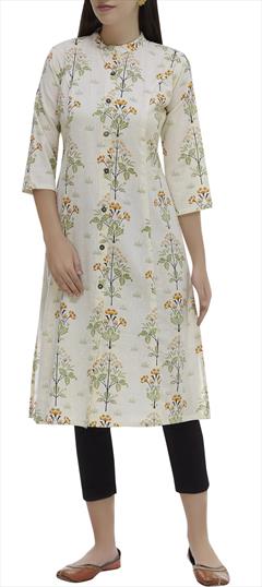Party Wear White and Off White color Tunic with Bottom in Cotton fabric with Printed work : 1696290