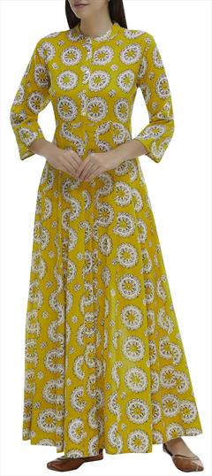 Casual Yellow color Kurti in Rayon fabric with Anarkali, Long Sleeve Printed work : 1696294