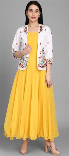 Party Wear Yellow color Kurti in Georgette fabric with Anarkali Embroidered, Resham, Thread work : 1697440