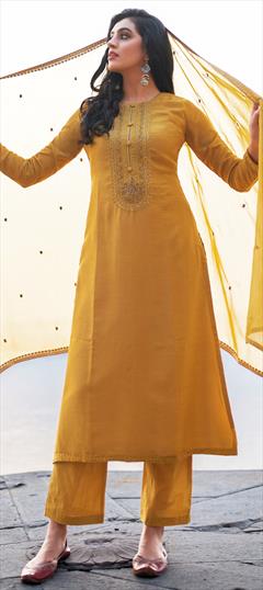 Festive, Party Wear Yellow color Salwar Kameez in Silk cotton fabric with Straight Embroidered, Stone, Thread work : 1698233