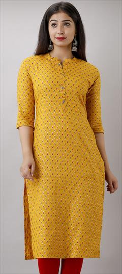 Casual Yellow color Kurti in Cotton fabric with Long Sleeve, Straight Printed work : 1700603