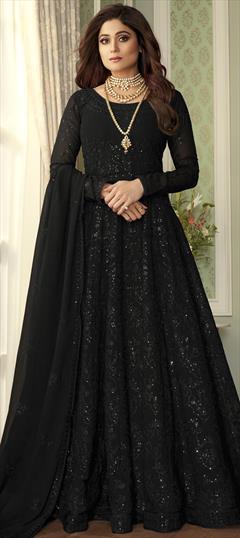Bollywood Black and Grey color Salwar Kameez in Georgette fabric with Anarkali Embroidered, Sequence, Thread work : 1703578