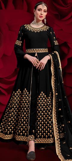 Festive, Party Wear, Wedding Black and Grey color Salwar Kameez in Georgette fabric with Slits Embroidered, Mirror, Resham, Stone work : 1703692