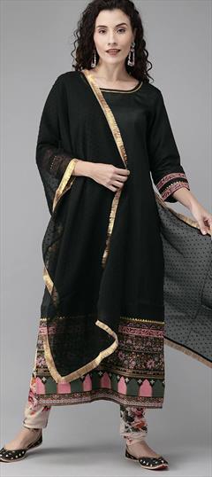 Festive, Reception Black and Grey color Salwar Kameez in Poly Silk fabric with Straight Thread work : 1705413