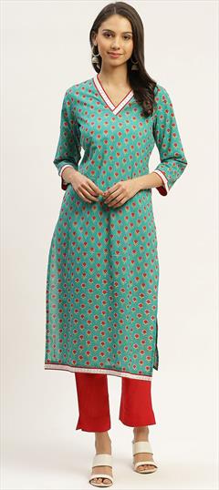 Casual, Party Wear Blue color Tunic with Bottom in Cotton fabric with Printed work : 1706189