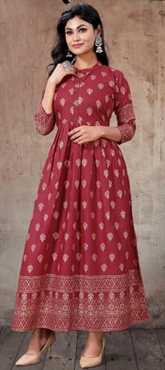 Casual Red and Maroon color Kurti in Rayon fabric with Anarkali, Long Sleeve Printed work : 1707883