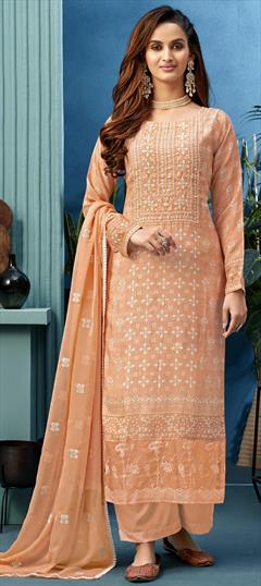 Festive, Party Wear Orange color Salwar Kameez in Muslin fabric with Palazzo Bugle Beads, Embroidered, Resham, Thread work : 1708732