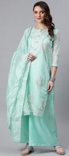 Party Wear Blue color Salwar Kameez in Cotton fabric with Palazzo Gota Patti work : 1712936