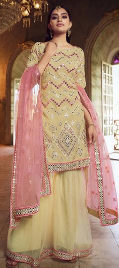 Festive, Party Wear Beige and Brown color Salwar Kameez in Organza Silk fabric with Sharara Mirror, Thread work : 1714658