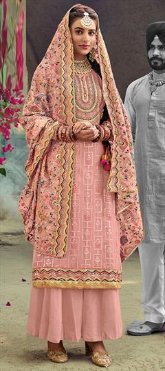 Party Wear, Reception Pink and Majenta color Salwar Kameez in Faux Georgette fabric with Palazzo Embroidered, Thread work : 1716553