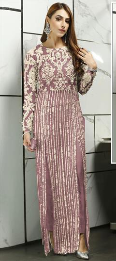 Festive, Party Wear Purple and Violet color Salwar Kameez in Net fabric with Straight Embroidered, Thread work : 1716573