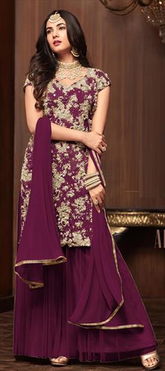 Bollywood Purple and Violet color Salwar Kameez in Net fabric with Palazzo Embroidered, Moti, Stone work : 1718818