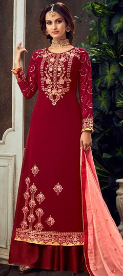 Festive, Party Wear Red and Maroon color Salwar Kameez in Georgette fabric with Palazzo Embroidered, Sequence, Stone, Thread work : 1720900
