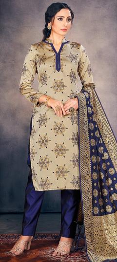 Party Wear Beige and Brown color Salwar Kameez in Banarasi Silk fabric with Straight Weaving work : 1721452