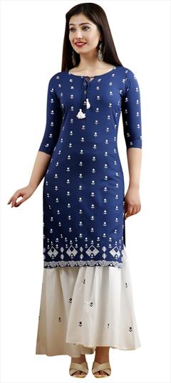Casual Blue color Tunic with Bottom in Rayon fabric with Bugle Beads work : 1721470