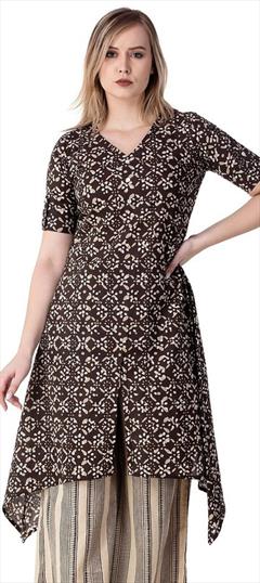 Casual Beige and Brown color Kurti in Cotton fabric with Short, Straight Block Print work : 1721475