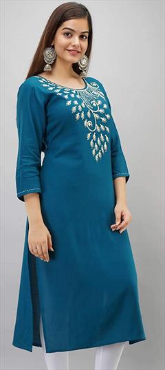 Casual Blue color Kurti in Rayon fabric with Long Sleeve, Straight Embroidered, Thread work : 1724145