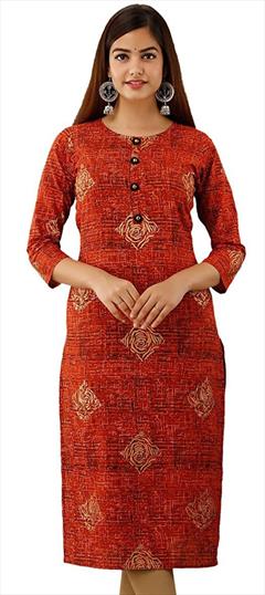 Casual Red and Maroon color Kurti in Cotton fabric with Long Sleeve, Straight Printed work : 1724150