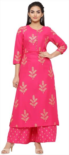 Casual Pink and Majenta color Tunic with Bottom in Viscose fabric with Printed work : 1725116