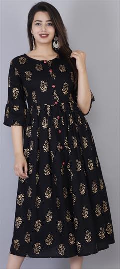 Casual Black and Grey color Kurti in Rayon fabric with A Line, Long Sleeve Printed work : 1726484