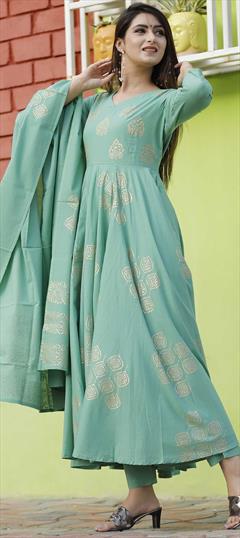Festive, Party Wear Green color Salwar Kameez in Cotton fabric with Anarkali Printed work : 1727129