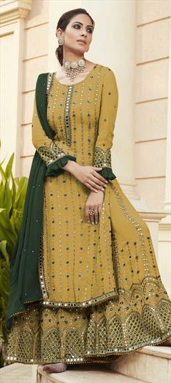 Engagement, Party Wear Yellow color Salwar Kameez in Georgette fabric with Palazzo Embroidered, Mirror, Thread work : 1728670