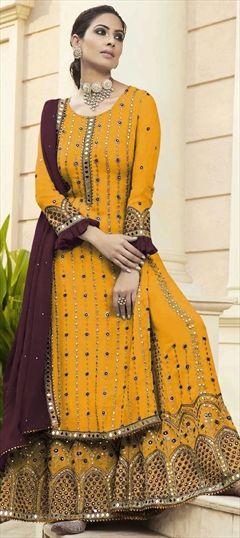 Engagement, Party Wear Yellow color Salwar Kameez in Georgette fabric with Palazzo Embroidered, Mirror, Thread work : 1728672