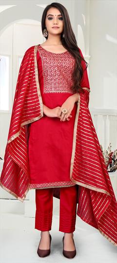 Festive, Party Wear Red and Maroon color Salwar Kameez in Chanderi Silk fabric with Straight Stone, Thread, Zari work : 1729841