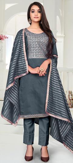 Festive, Party Wear Black and Grey color Salwar Kameez in Chanderi Silk fabric with Straight Stone, Thread, Zari work : 1729843