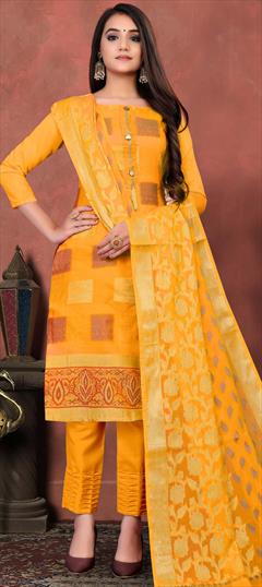 Party Wear Yellow color Salwar Kameez in Banarasi Silk fabric with Straight Weaving work : 1729851