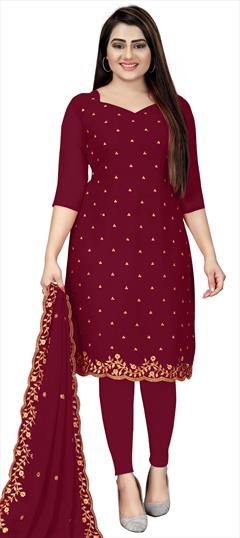 Party Wear Red and Maroon color Salwar Kameez in Georgette fabric with Straight Embroidered, Thread, Zari work : 1732066