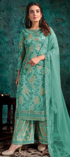 Festive, Party Wear Blue color Salwar Kameez in Net fabric with Palazzo Embroidered, Floral, Lace, Thread work : 1732868