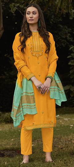 Party Wear Yellow color Salwar Kameez in Muslin fabric with Straight Embroidered, Resham, Sequence, Thread work : 1734458